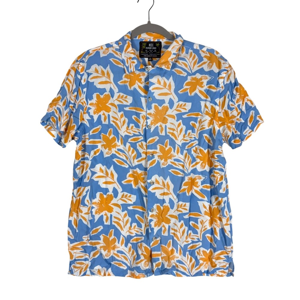 MBX Shirt Mens Medium Blue Orange Floral Short Sleeve Button Up Tropical Rayon